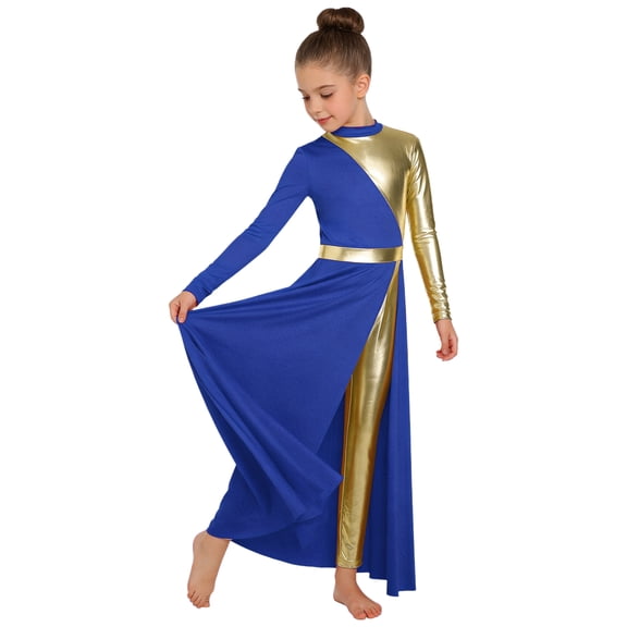 Hansber Kids Girls Full Length Patchwork Tights Metallic Jumpsuit Dress Praise Dance Outfit Worship Liturgical Dancewear Royal Blue 12