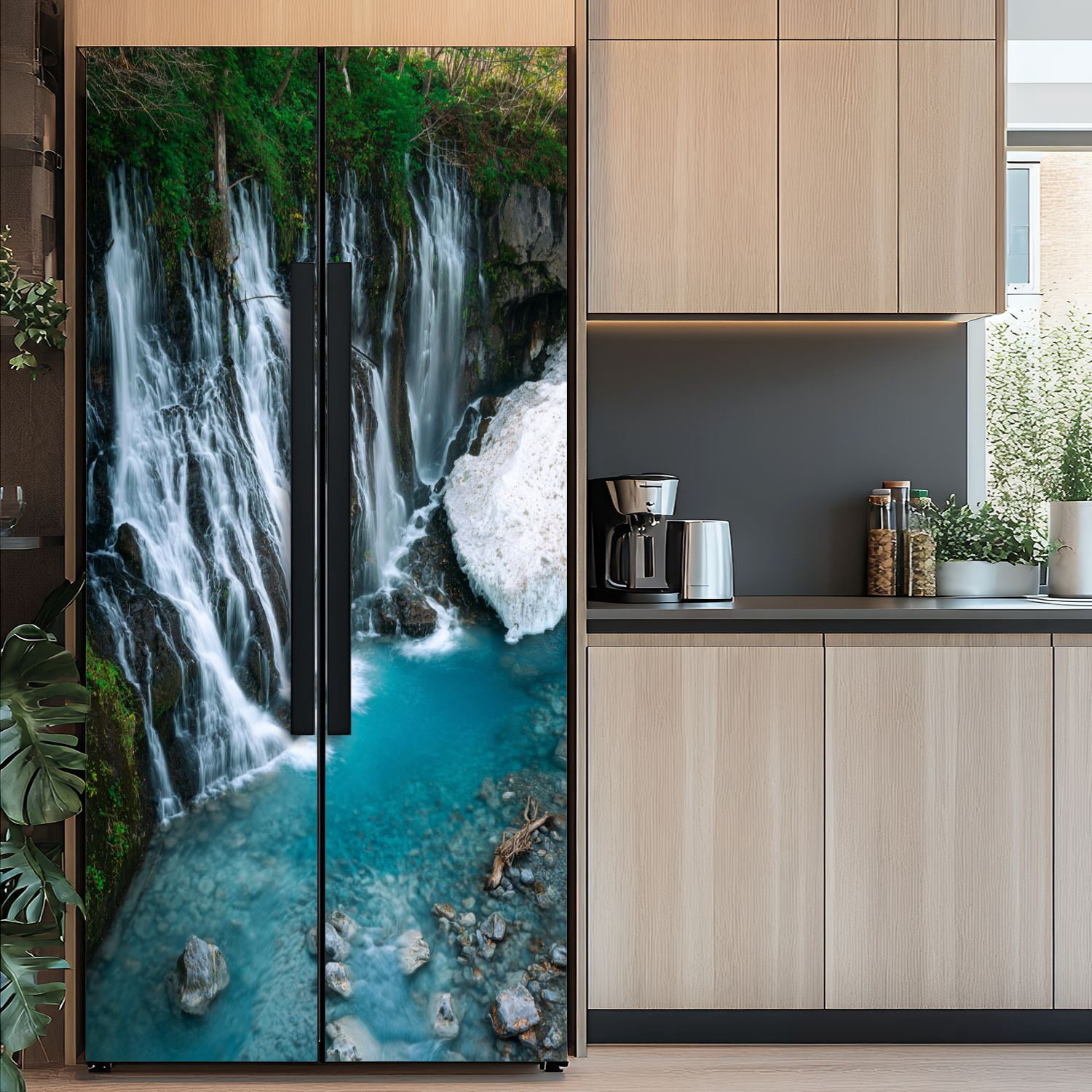 Self Adhesive Vinyl Refrigerator Wrap Set nature blue waterfall river summer Door Mural Removable Fridge Sticker Peel and Stick&nbsp;Full Door Cover Decal Kitchen Bar Decor