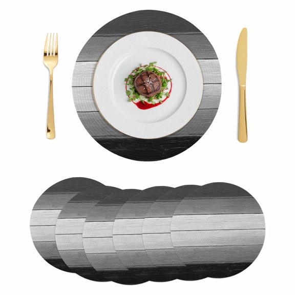 Black Gray Round 13 Inch Placemats Set of 6, Farmhouse Vintage Gradient Wooden Plank HeatResistant Non Slip Place Mats for Dining Table, Wipeable Braided Kitchen Table Mats for Housewarming