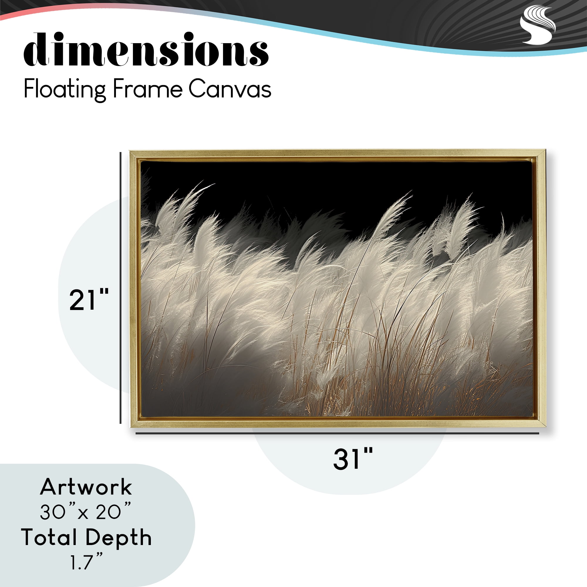 White Feathers Windblown Grasses Gold Framed Floater Canvas Wall Art, design by Decent Exposures