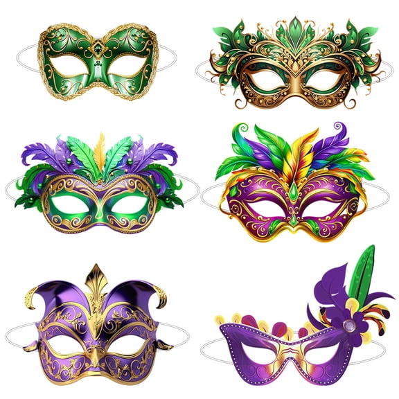 6 Pack Mardi Gras Masks for Women,Venetian Masquerade Masks with Feathers,Decorative Party Masks for Masquerade Party Supplies,1 Set