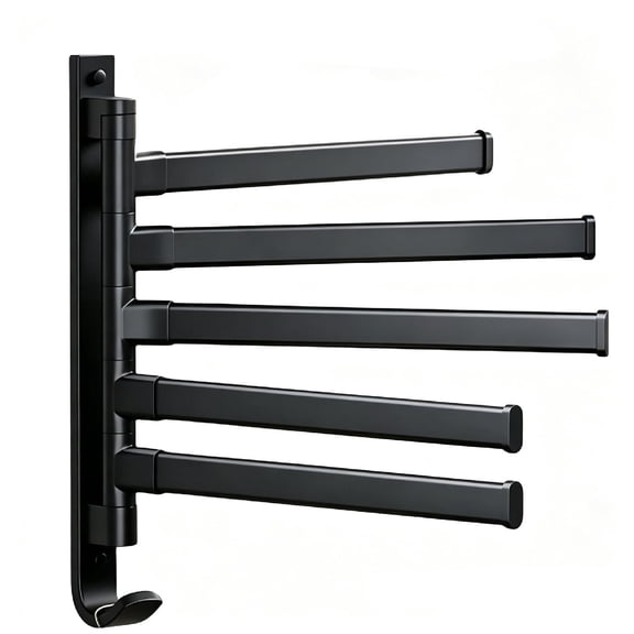 Wall Mounted 5-Arm Swivel Towel Rack, 180° Rotatable Towel Bar with Hooks, Space Saving Towel Holder for Bathroom, Kitchen, Balcony, Pool & Outdoor, Black