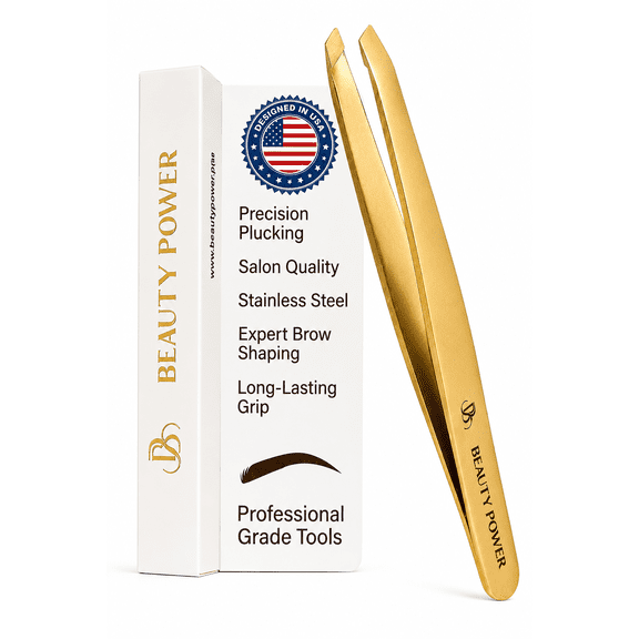 Beauty Power Precision Slant Tip Eyebrow Tweezers - Stainless Steel - with Storage Tube (Gold)