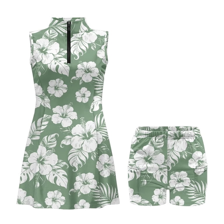 Keiahuan 2Pcs Womens Green Hibiscus Tennis Skirt Quick Dry Athletic Dress with Shorts Versatile Lightweight Golf Dresses with Pocket Backless Athletic