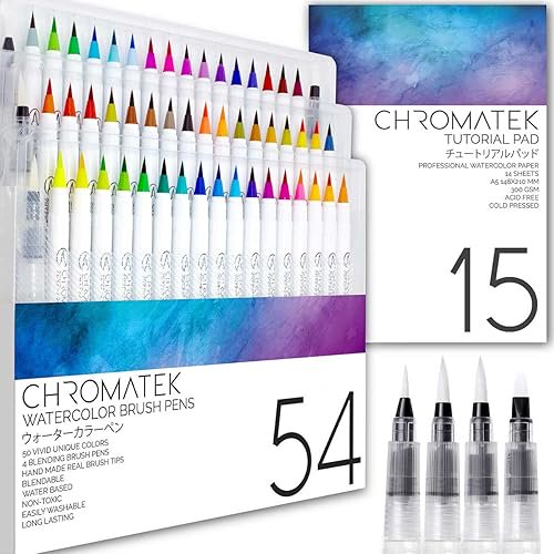 Chromatek Juego De 54 Bolígrafos De Acuarela Que Incluye Bloc De 15 Páginas Y Serie De Tutoriales En Vídeo En Línea 4 Aquapens Y 50 Colores Únicos Pinceles Reales Fácilmente Mezclables Suministros De