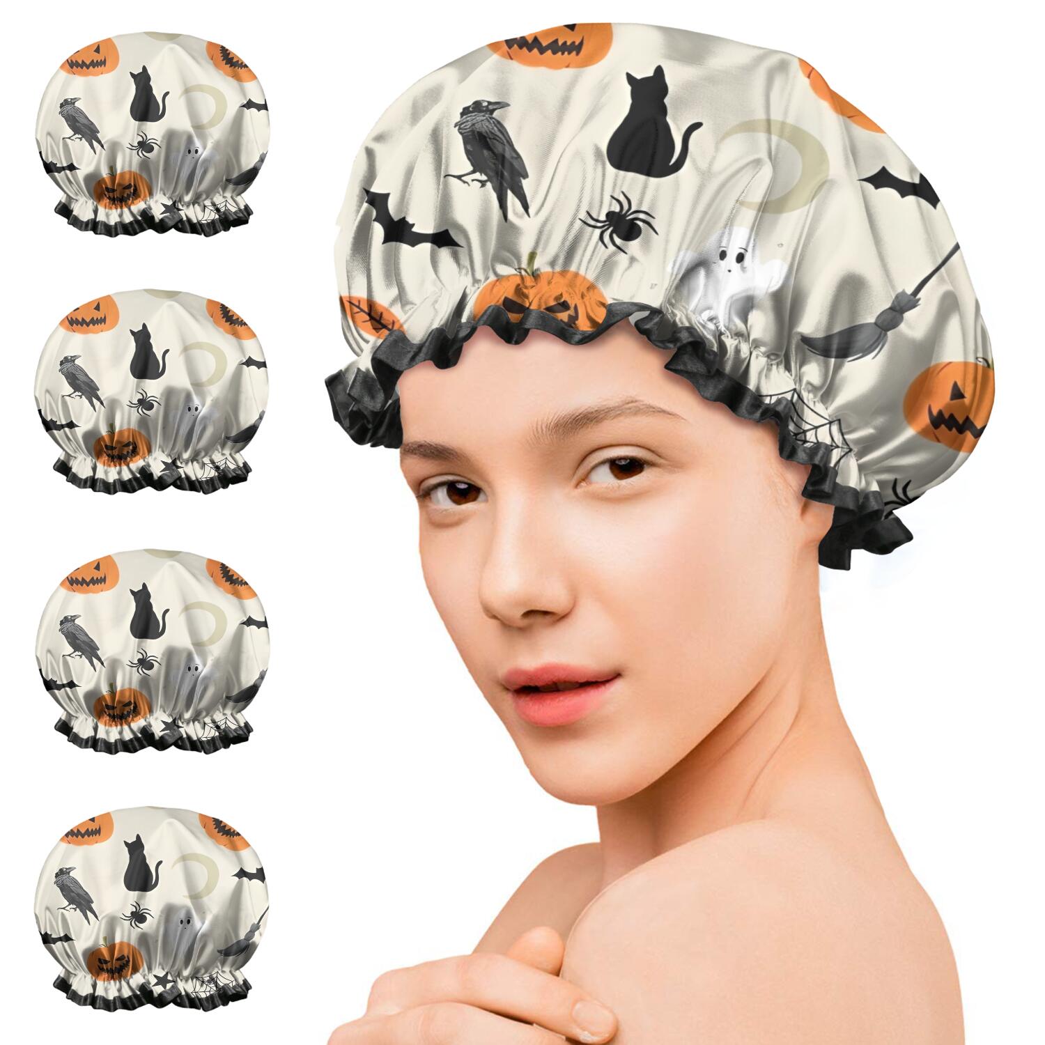 Shower Caps,Beige Halloween Pumpkins Ghosts and Bats Waterproof Shower Cap for Women 4 Pieces,Double Reusable Hair Cover for Shower PEVA Elastic Stretch Hem