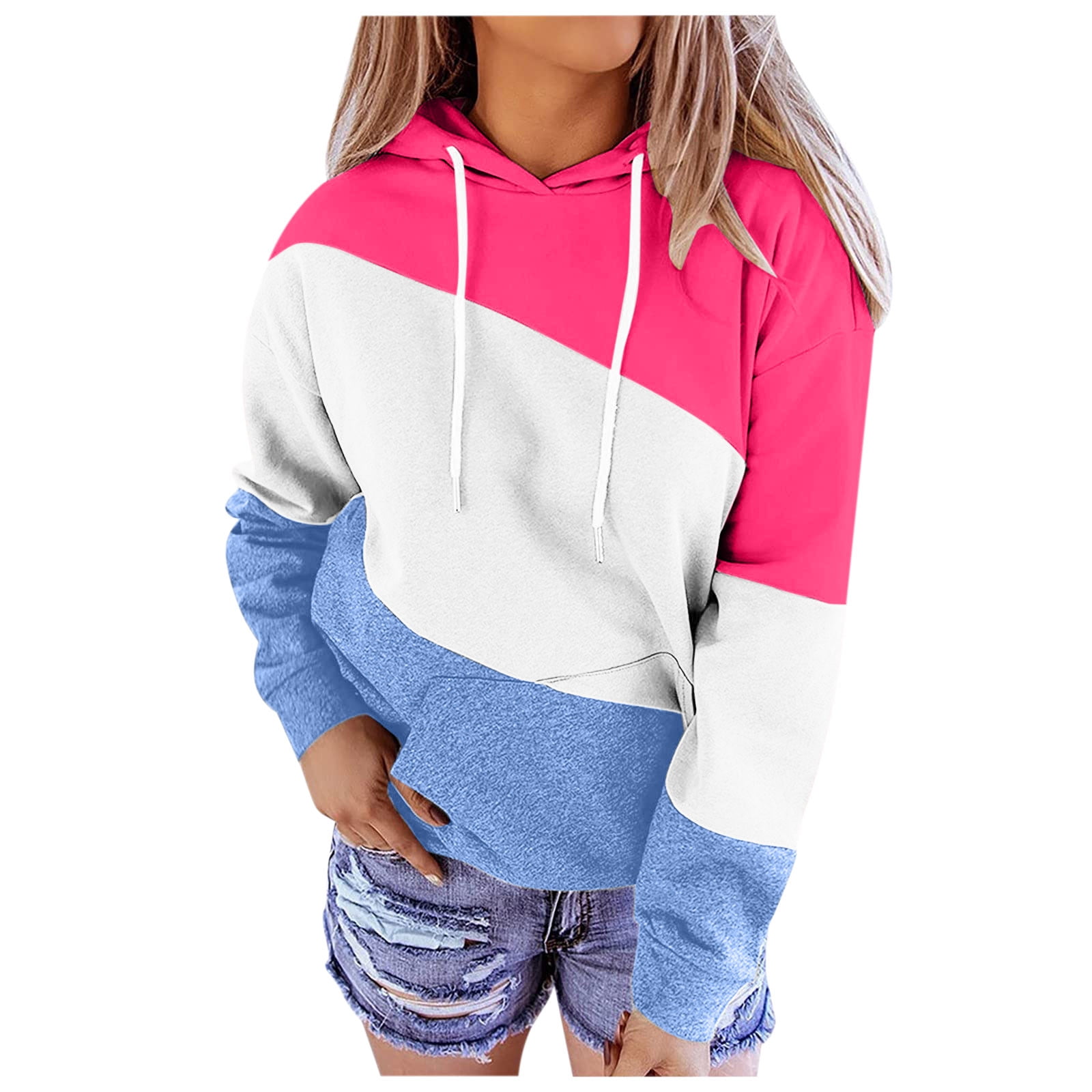 Hubery Women Colorblock Patchwork Hoodie Long Sleeves Tie Front Pullover Tops Hubery Women Colorblock Patchwork Hoodie Long Sleeves Tie Front Pullover Tops