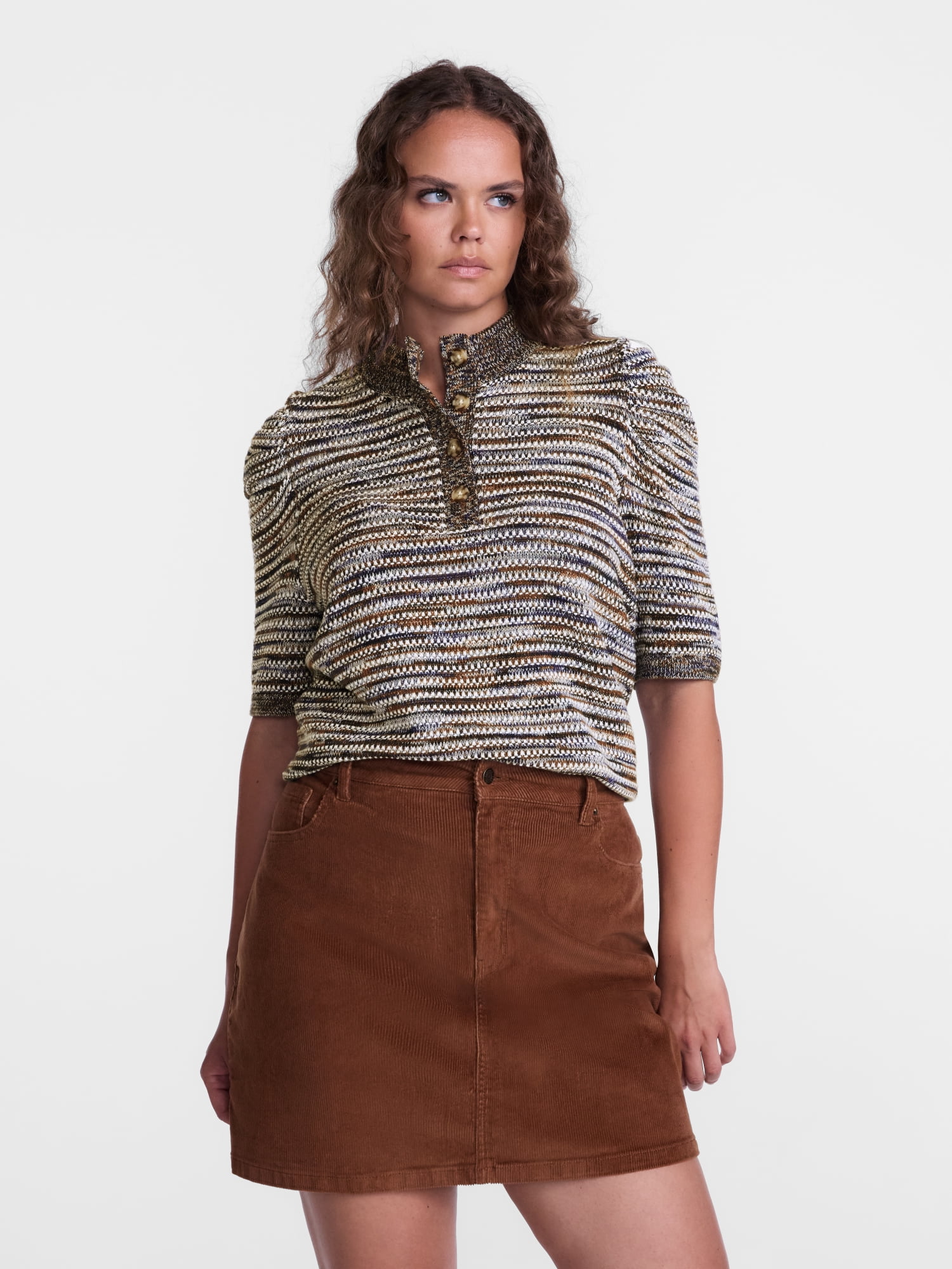 Scenario Women's and Women's Plus Henley Sweater with Puff Sleeves, Lightweight, Sizes XS-4X