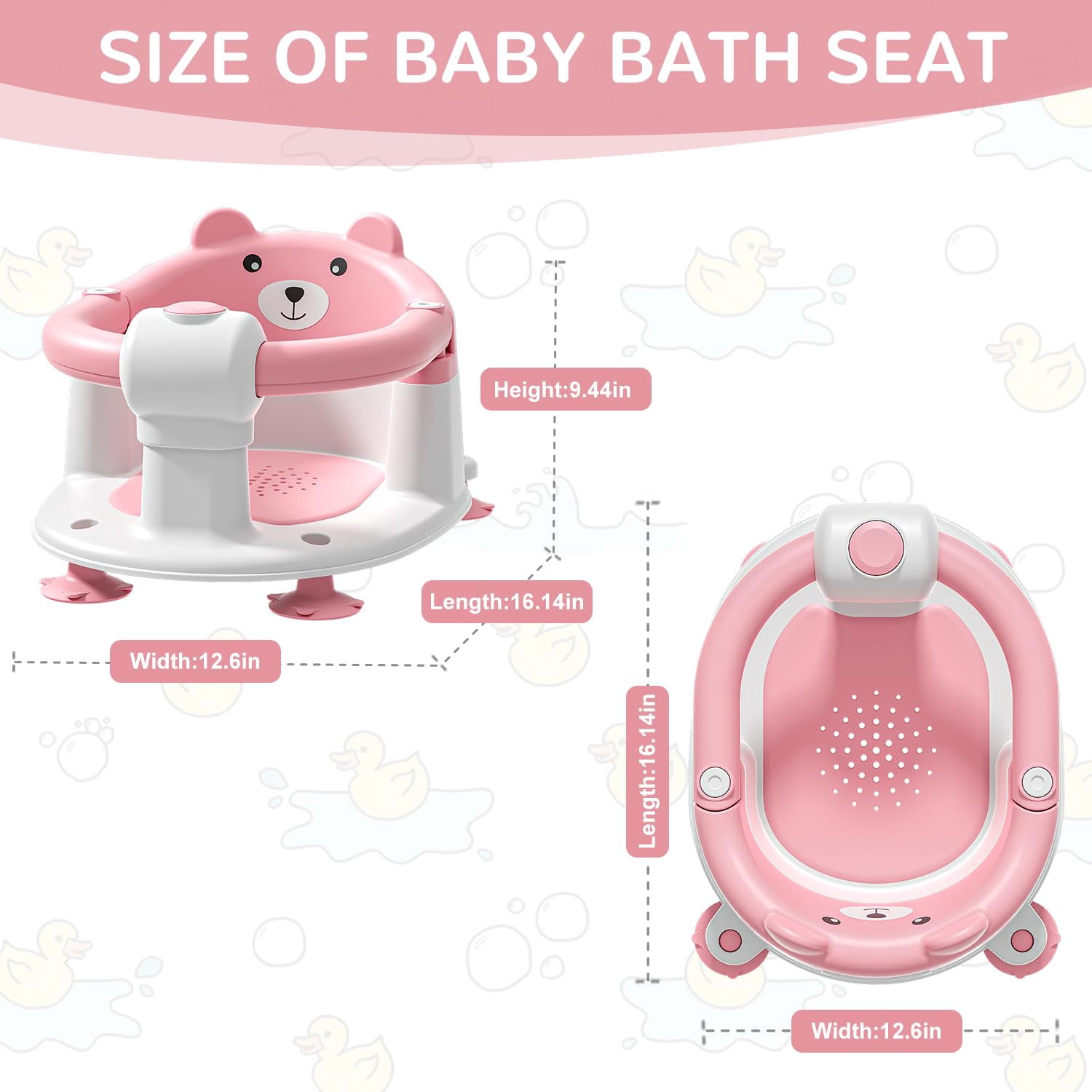 Soluxeo Baby Bath Seat for Babies 6 Months & up, Non-Slip Toddler Bath Seats for Babies Sitting Up with 4 Suction Cups & Soft Cushion for Shower(Pink)