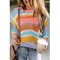 thumbnail image 4 of Plusashion Chic Pink Stripe Crochet Sweater - 3/4 Sleeve V-neck, Cozy & Stylish, 4 of 8