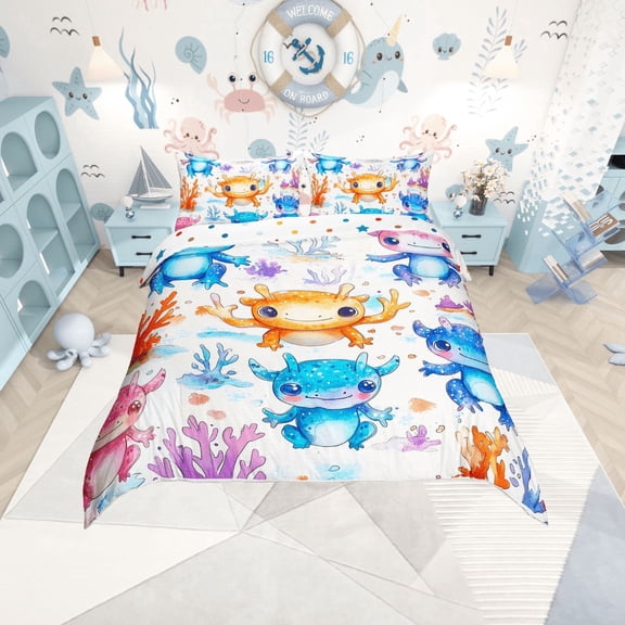 Erosebridal Cartoon Axolotl Comforter Cover Twin,Kawaii Animal Bedding Twin Size,Cute Wildlife Duvet Cover Twin,Microfiber Ocean Room Decoration,Reversible,3pcs(No Comforter)
