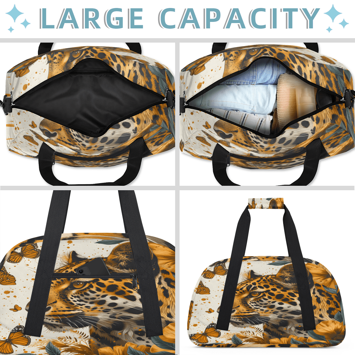 Herdesigns Leopard Sports Duffle Bag for Women & Men, Butterfly Leopard Print Gym Bag Dance Bag Overnight Bag Carry On Weekender Travel Bag