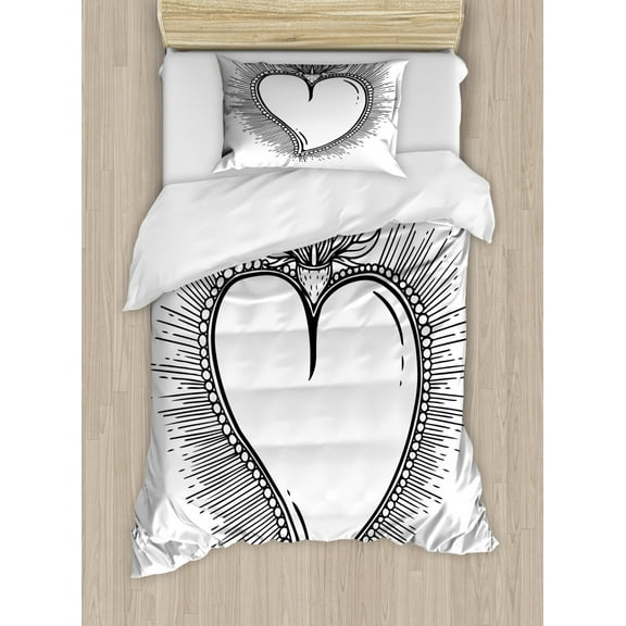 Alchemy Duvet Cover Set Twin Size, Monochromatic Sketch of Heart with Rays Vintage Print, Decorative 2 Piece Bedding Set with 1 Pillow Sham, Charcoal Grey White, by Ambesonne