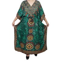 Mogul Womens Kimono Caftan Dress Green Printed Bikini Cover Up Comfortable Nightgown XXXL