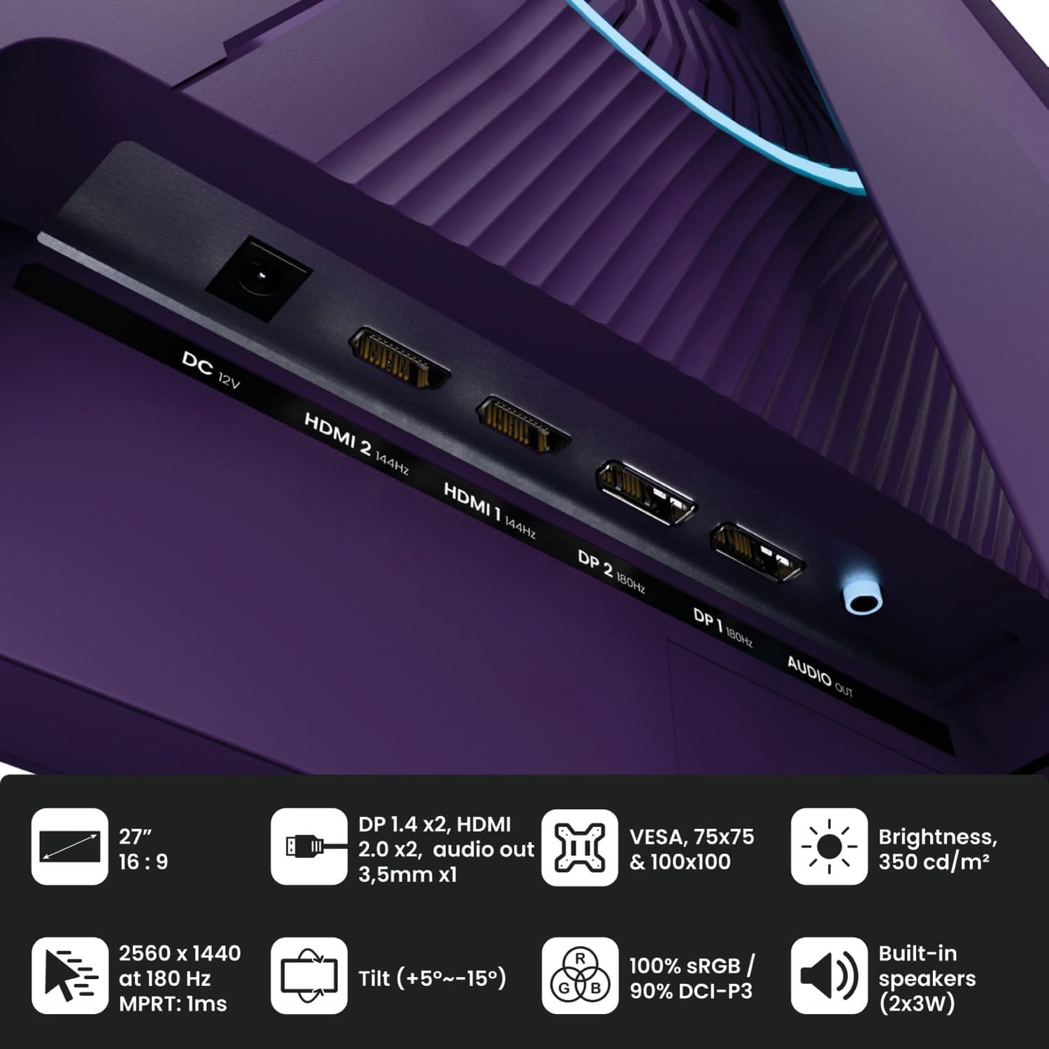 Arozzi Nova 27" QHD 1440p Gaming Monitor – IPS, 180Hz, 1ms, HDR10, Adaptive Sync – Purple
