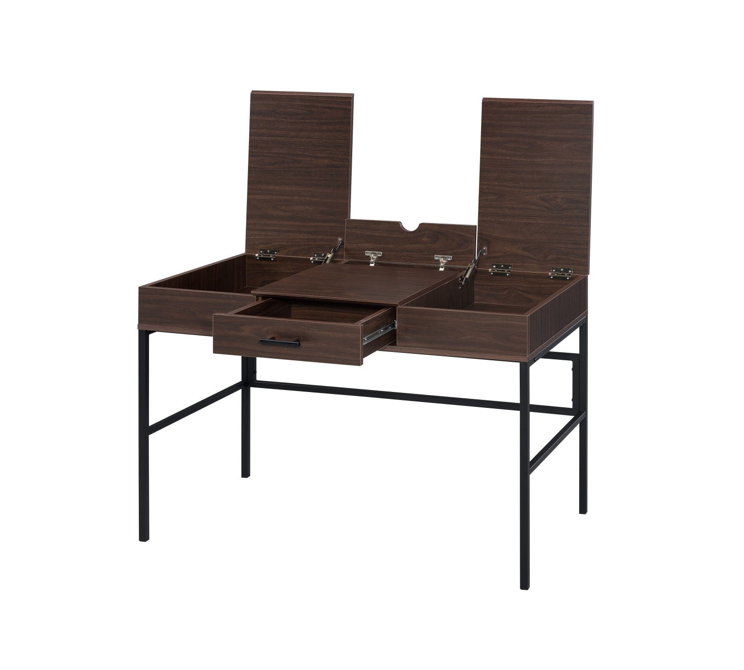 43" Modern Writing Desk with USB Charging Port, Oak & Black Computer Desk with Storage Drawer, Metal Base Office Desk with Side Shelves, Rectangular Study Table for Home Office