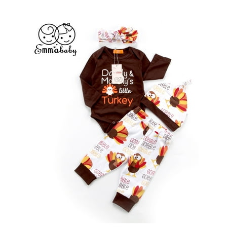 

Thanksgiving Toddler Baby Letter Print Romper Jumpsuit +Pant+Hat Clothes Outfits 4Pcs Set