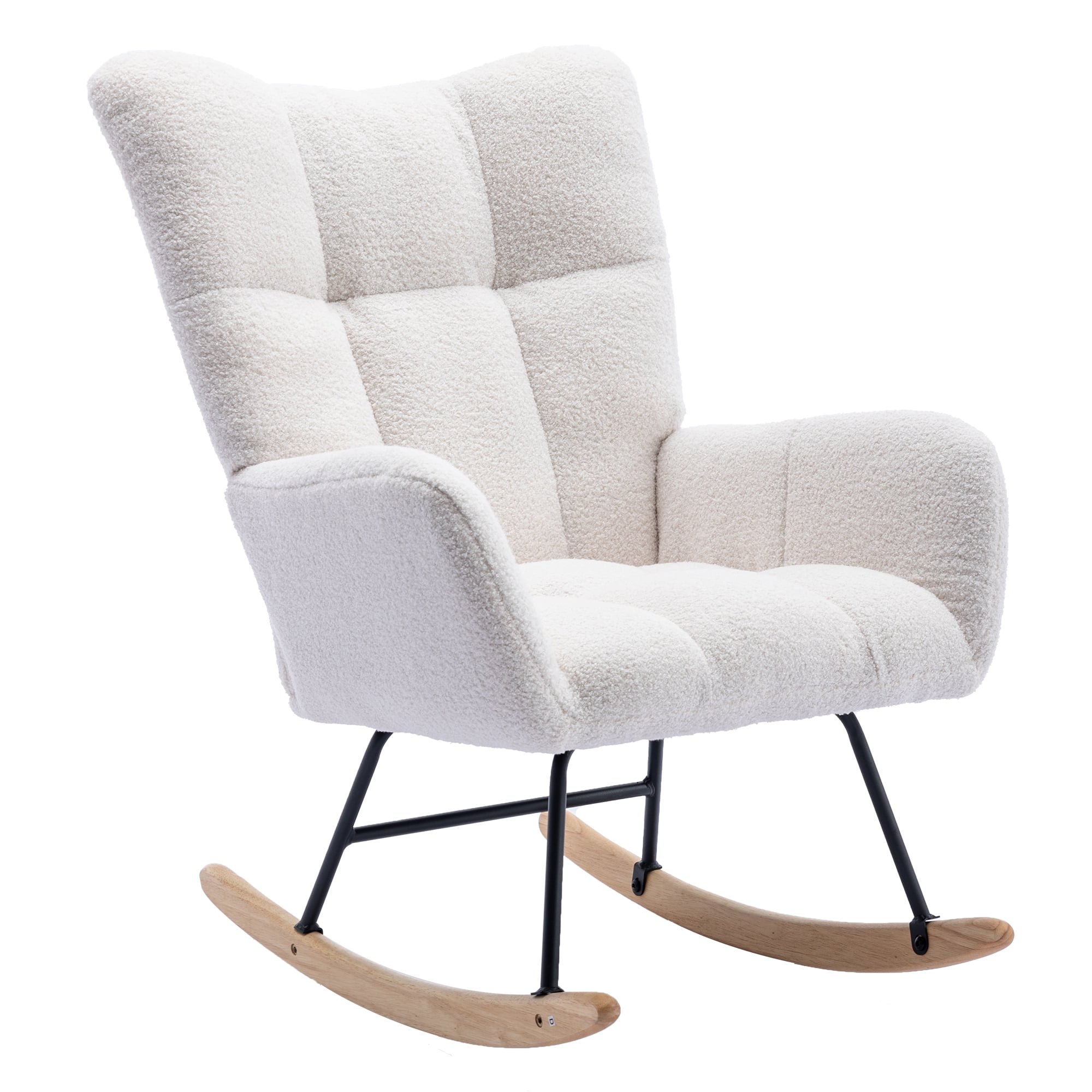 HONSIT White Nursery Rocking Chair, Teddy Fabric Upholstered Glider