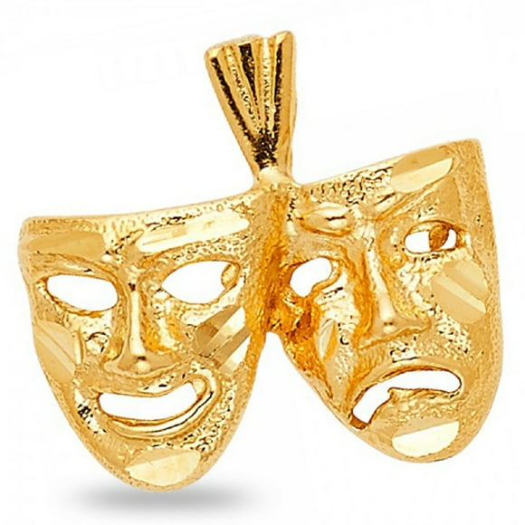 14k Yellow Gold Polished Masquerade Mask Pendant Two Faced Drama Charm Genuine New 12 mm x 18 mm