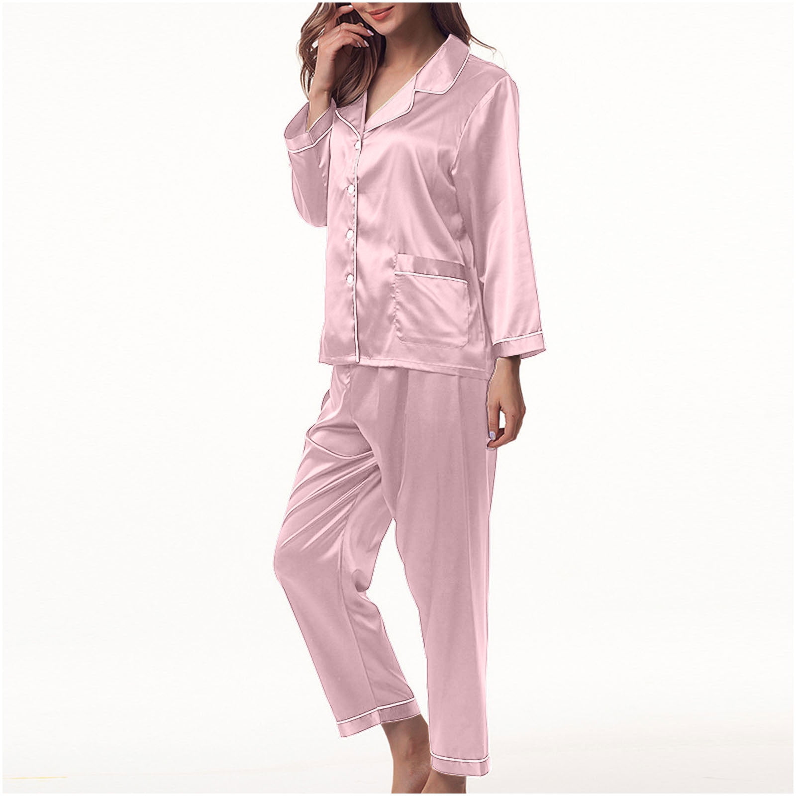 BONIXOOM Couples Christmas Pajamas Christmas Pajamas Women Sleepwear None Long Sleeve Solid Sleepwear Sets Pink XXL