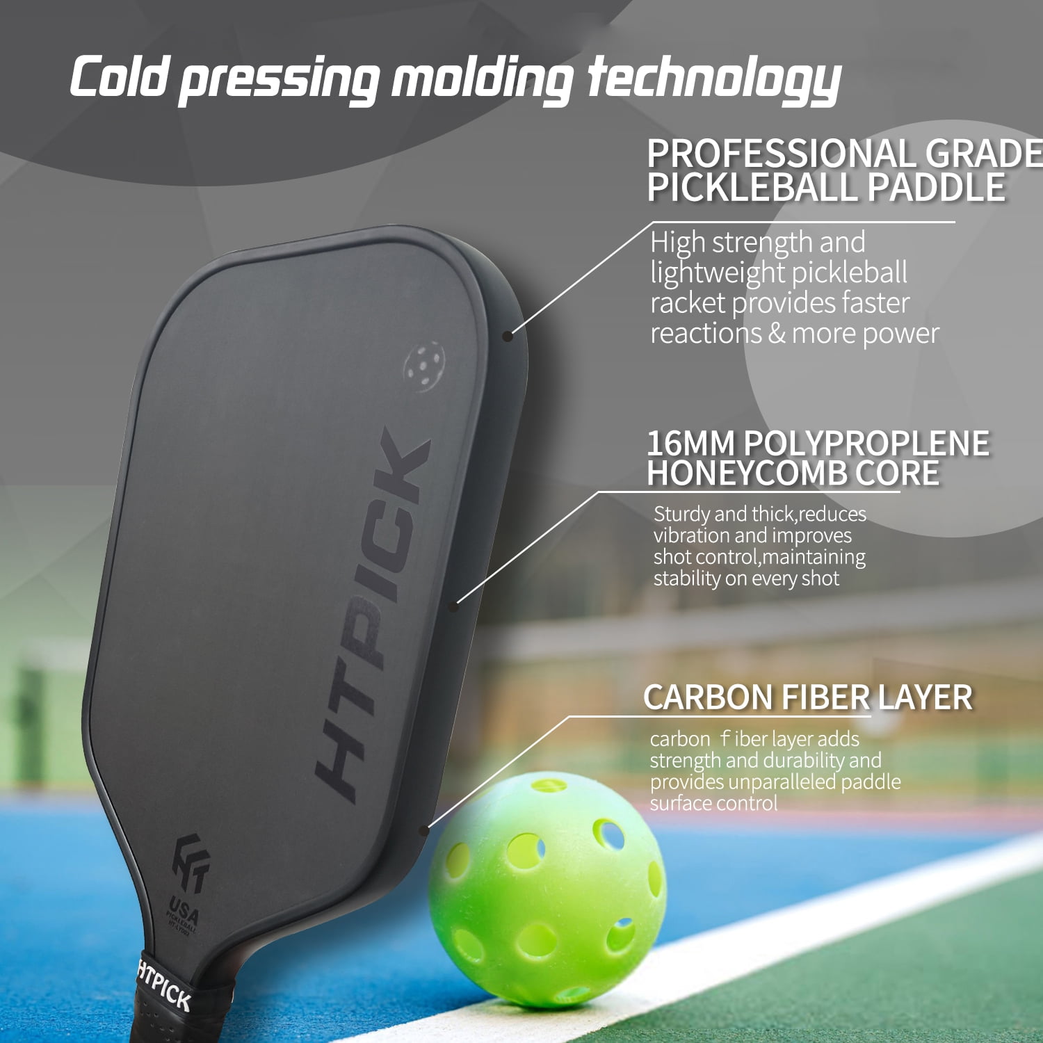 HTPICK Pickleball Paddle T700 Carbon Fiber Cold-Pressed Textured Black 1 Count