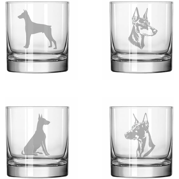 Set of 4 Glass 11 oz Rocks Whiskey Glass Gift Doberman Collection