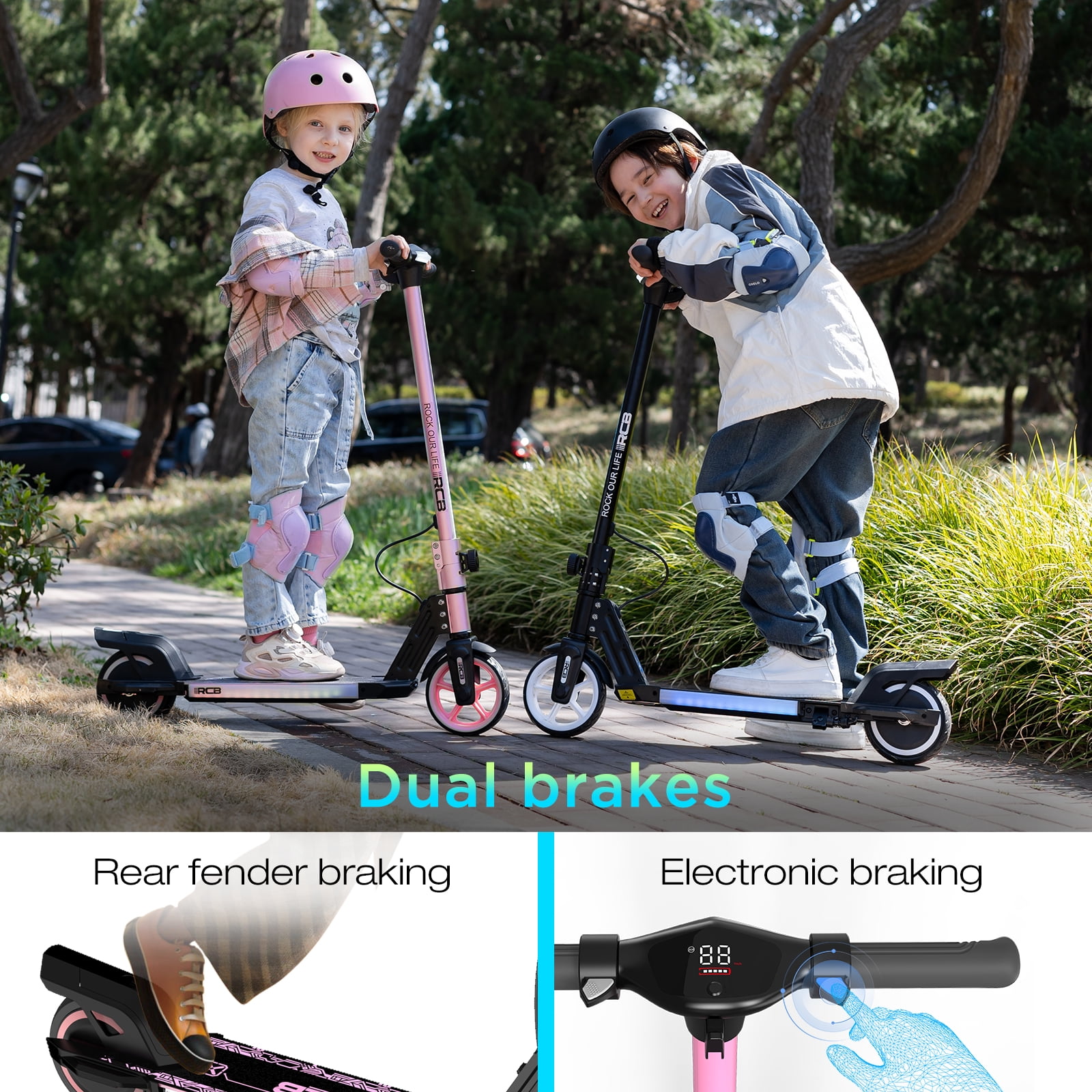 RCB Electric Scooter for Kids,Max Speed 9.3 mph,6.5 Miles Range,Rainbow LED Lights&Display,Foldable&Portable
