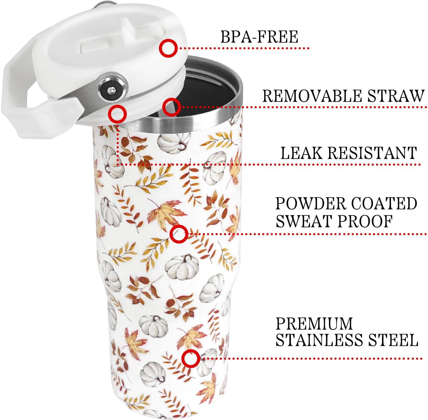 Fall Tumbler with Lid and Straw 30oz,White Pumpkin Maple Leaf Vacuum Autumn Insulated Leak Proof Tumbler,Farmhouse Gift Cute Women Kids Teen Girls,Thanksgiving Accessories Stainless Steel Coffee Cup