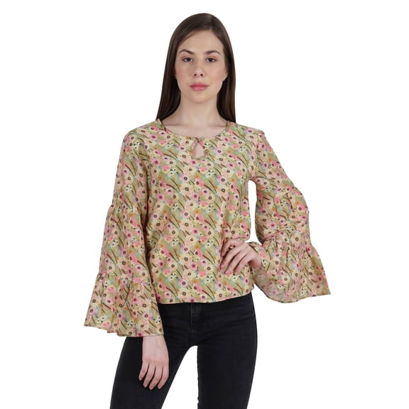 Moomaya Keyhole Neck Top For Women Casual Cotton Printed Flared Sleeve T-Shirt