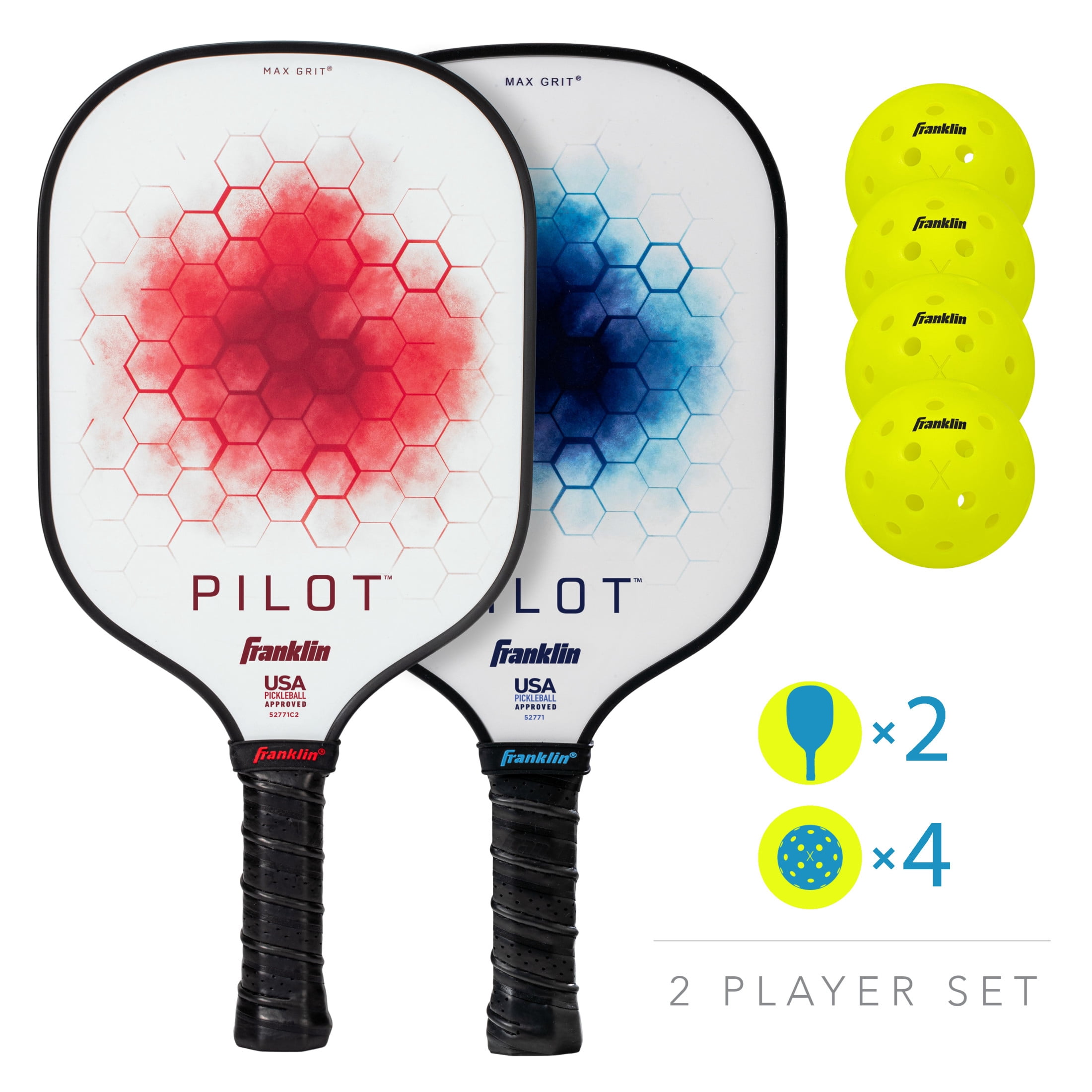 Franklin Sports Pickleball Paddle and Ball Set - (2) Pilot Fiberglass Pickleball Rackets + (4) X-40 Pickleballs - USA Pickleball (USAPA) Approved - 2 Player Pickleball Paddles + Balls Set