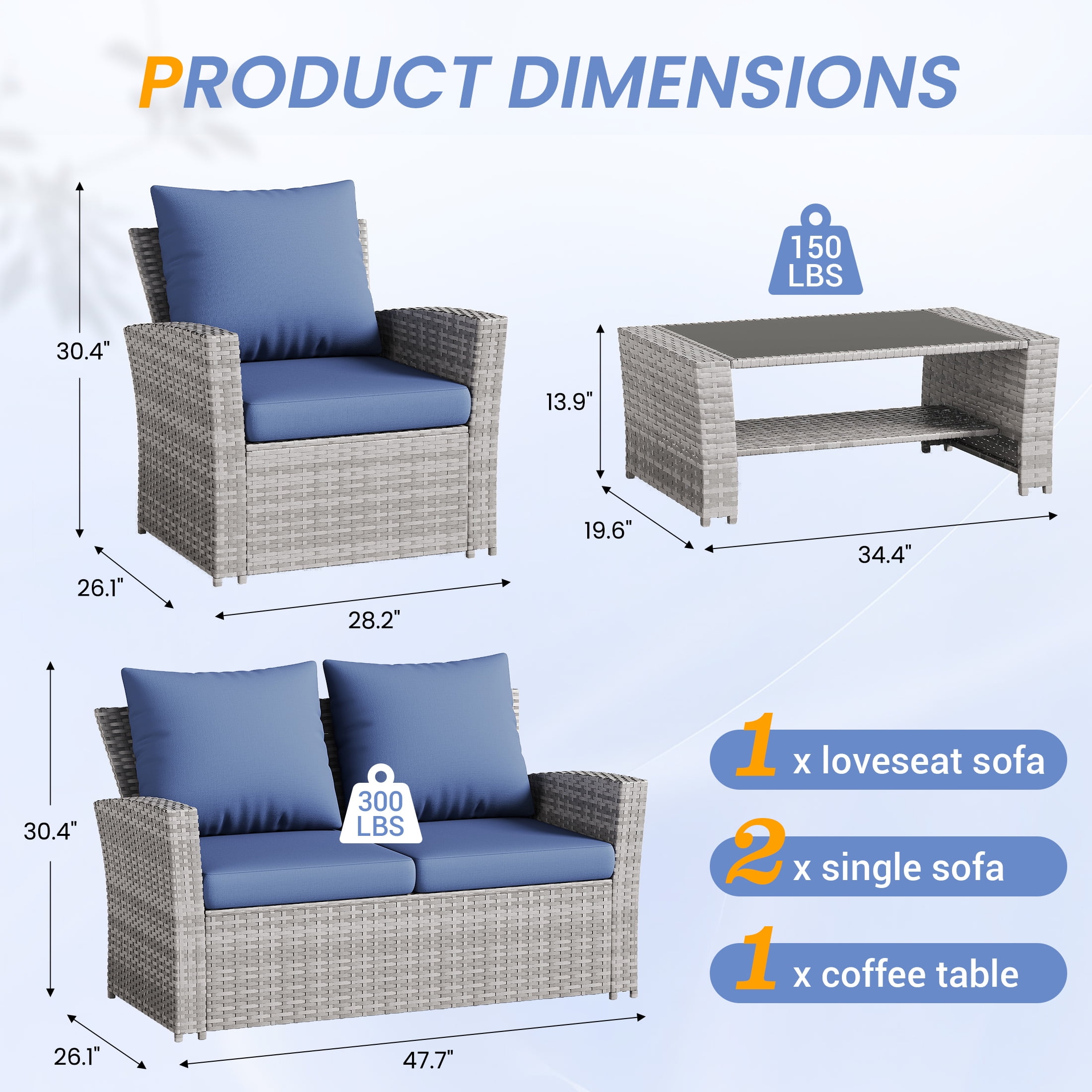 UDPATIO Wicker Patio Furniture Set, 4 Piece Outdoor Sectional Conversation Sets, Gray PE Rattan Patio Sofa Set for Balcony, Backyard, Navy Blue