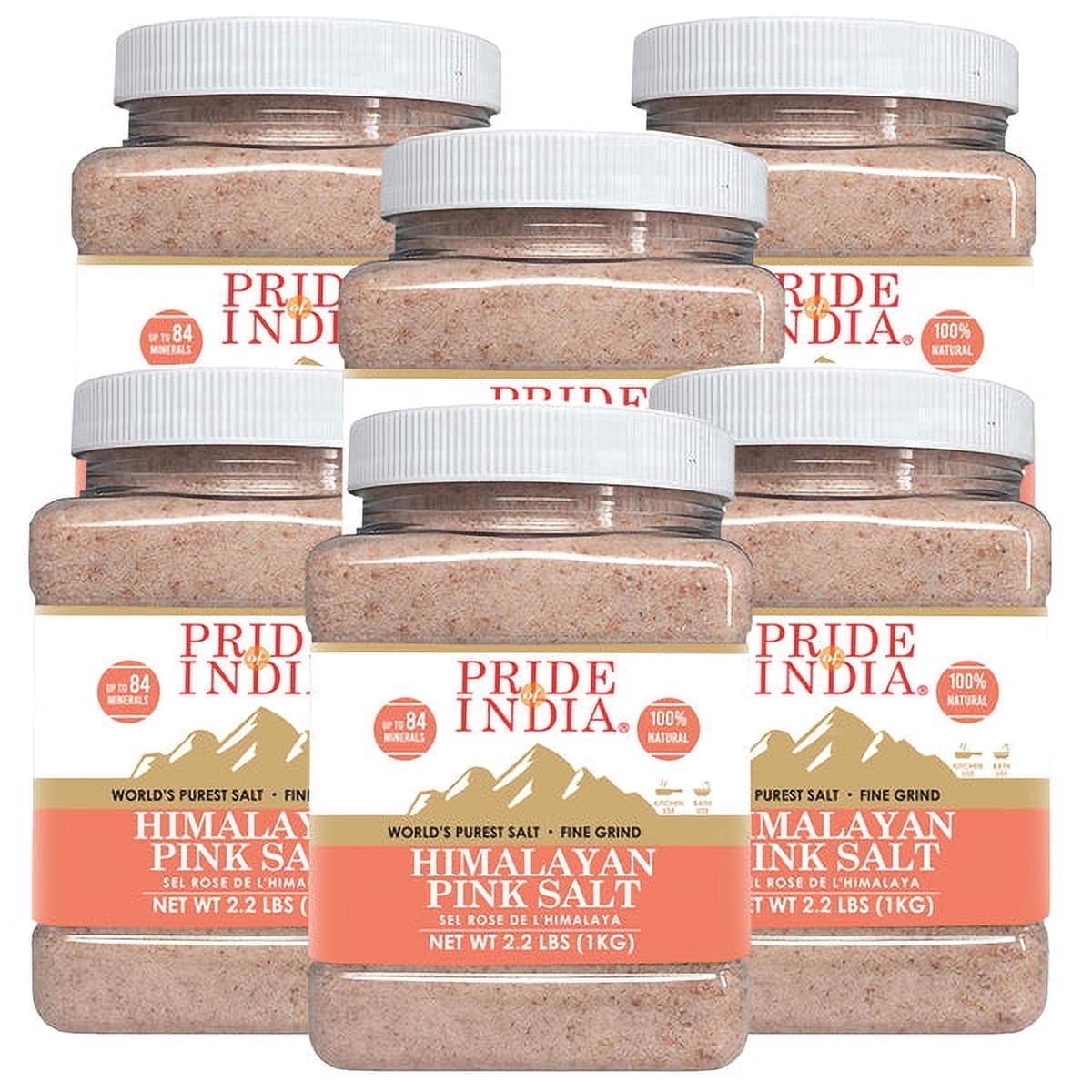 Pride of India - Pack of 6 - Himalayan Pink Salt Fine, 2.2 lbs Jar, Natural Rock Salt, Ideal for Cooking & Bath, Gluten-Free
