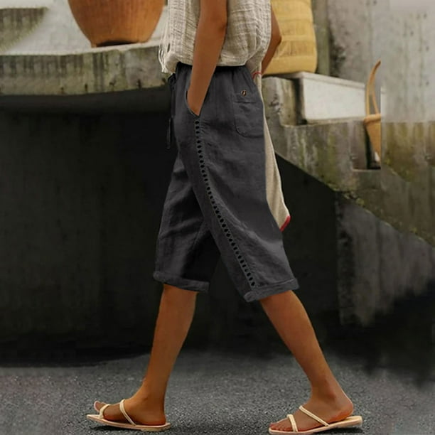 Puntoco Pantalones cortos de verano para mujer, moda de verano 2024, ropa de mujer, cintura elástica, bolsillo, medio pantalón corto, pantalones elásticos informales con bolsillo