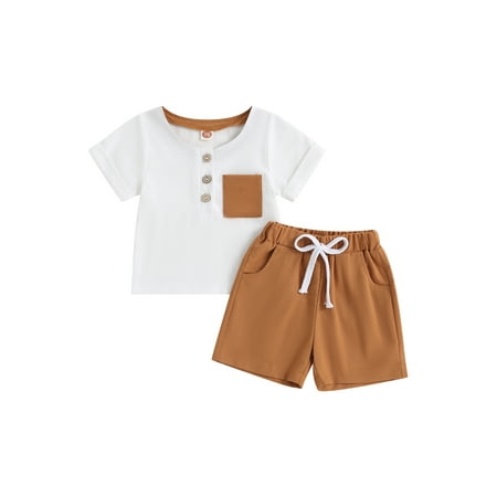 

Qtinghua Infant Toddler Baby Boys Summer Clothes Solid Color Short Sleeve T-Shirt and Drawstring Shorts 2Pcs Outfits Brown 2-3 Years