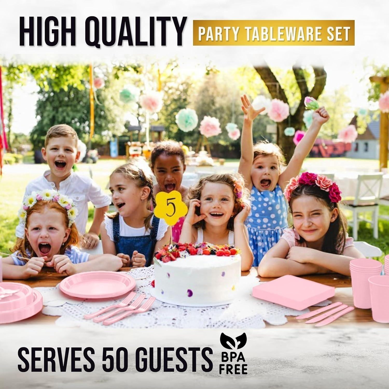 DFS 350-Piece Complete Pink Party Tableware Set, 50 Each of Dinner Plates, Dessert Plates, Cups, Napkins & Forks, Disposable Party Kit