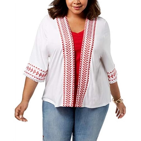Style & Co. Plus Size Embroidered Fringed Kimono (White Radiant, 2X)