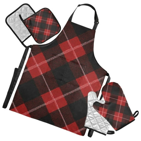 Black and Red Plaids White Lines Apron Set with Oven Mitts Pot Holders Set of 5 Kitchen Stuff Accessories