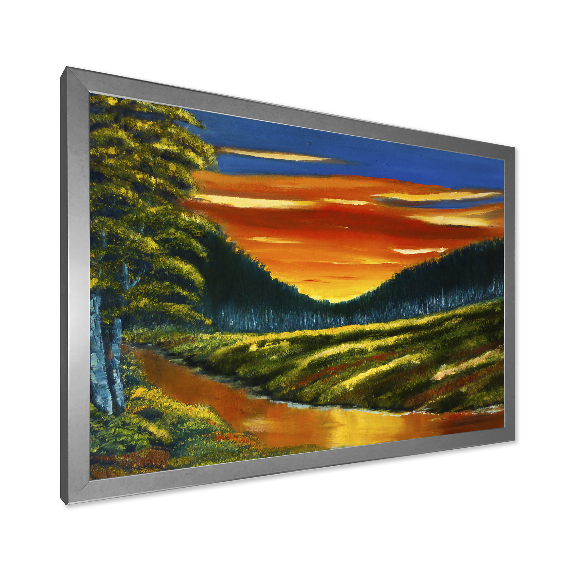 Designart 'Warm Coloured Sunset Glow Above The Lotus Swamp' Traditional Framed Art Print