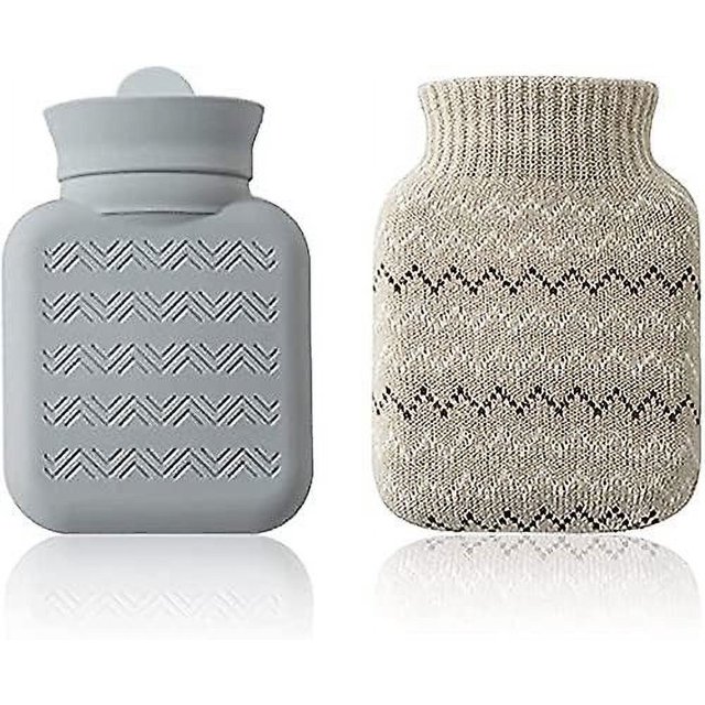 (gris)Botella de agua caliente pequeña, con funda de punto, minicalentadores de manos de silicona, aptos para microondas, bolsas de agua para terapia de frío y calor, adecuadas para niños