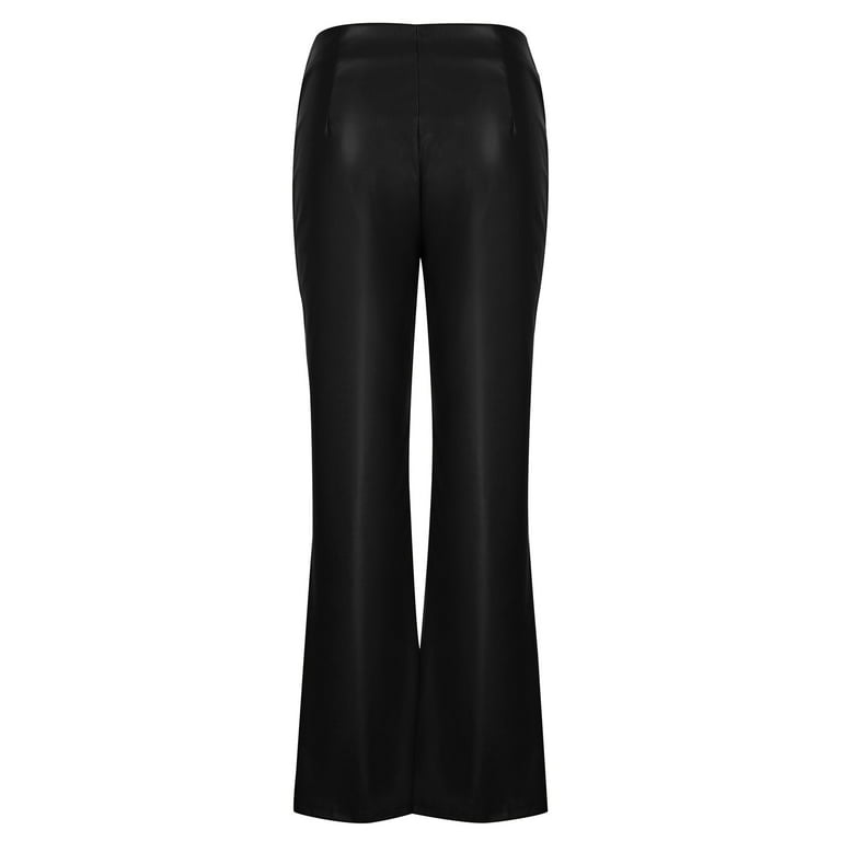 XFLWAM Women's Faux PU Leather High Waist Front Split Hem Flare Pants  Stretchy Bell Bottom Pants with Pockets Black S 