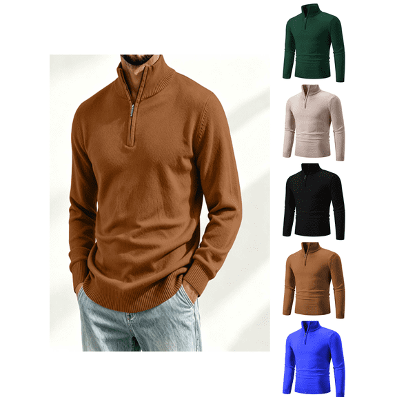 Atkumj Mens Quarter Zip Pullover Fashion Warm Loose Ribbed Turtleneck Knit Sweater Casual Solid Color Long Sleeve Mens Pullover Sweater for Daily Walking M