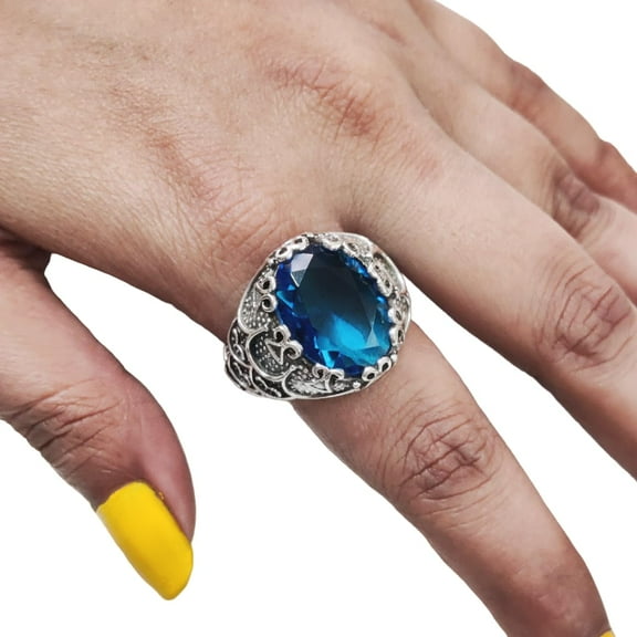 Blue Topaz Mens Ring, Natural Swiss Blue Topaz, November Birthstone Topaz, Silver Jewelry, 925 Silver Ring, Birthday Gift, Heavy Mens Ring, Arabic Oxidized Mans Ring, Christmas, Mens Signet Ring
