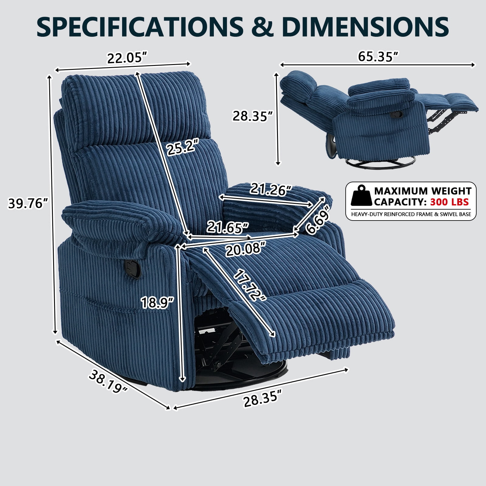 Leumius Swivel Recliner Chair,360° Swivel Rocker Chair for Living Room,Upholstered Nursery Glider Recliner Chair for Small Spaces,Manual Recliner for Adults for Home Theater,Blue