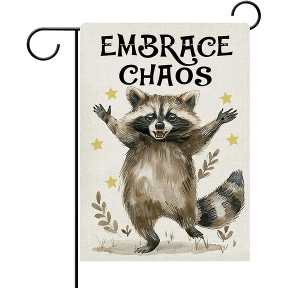 Funny Raccoon Decorative Garden Flag, Embrace Chaos Stars Yard Outside Home Decoration, Farmhouse Burlap Outdoor Small Decor Double Sided 12 x 18