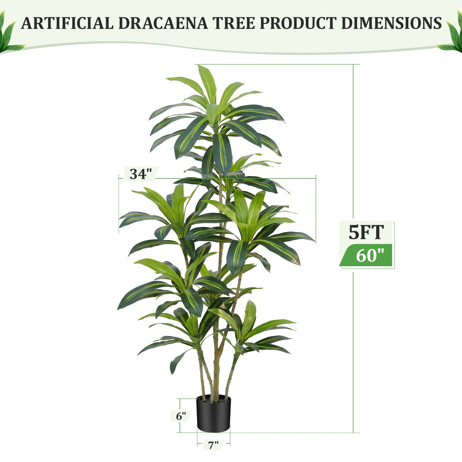 Dracaena Plant Artificial Tree 5Ft Tall Fake Tropical Floor Plants Potted (Real Touch) Artificial Silk Tree Leaf Faux Trees Black Tall Planter for Home Office Living Room Indoor Outdoor Decor