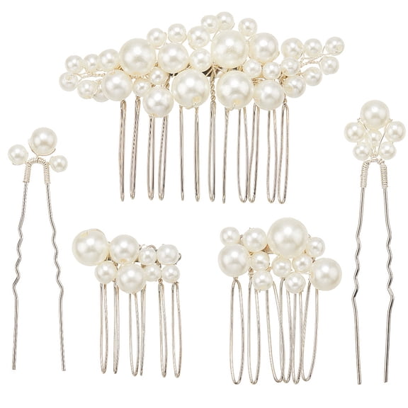 5Pcs Silver Bridal Pearl Hair Pins Clips Combs Decorations Accessories Kit Retro Different Size Barrette U Shape Bobby Pin DIY