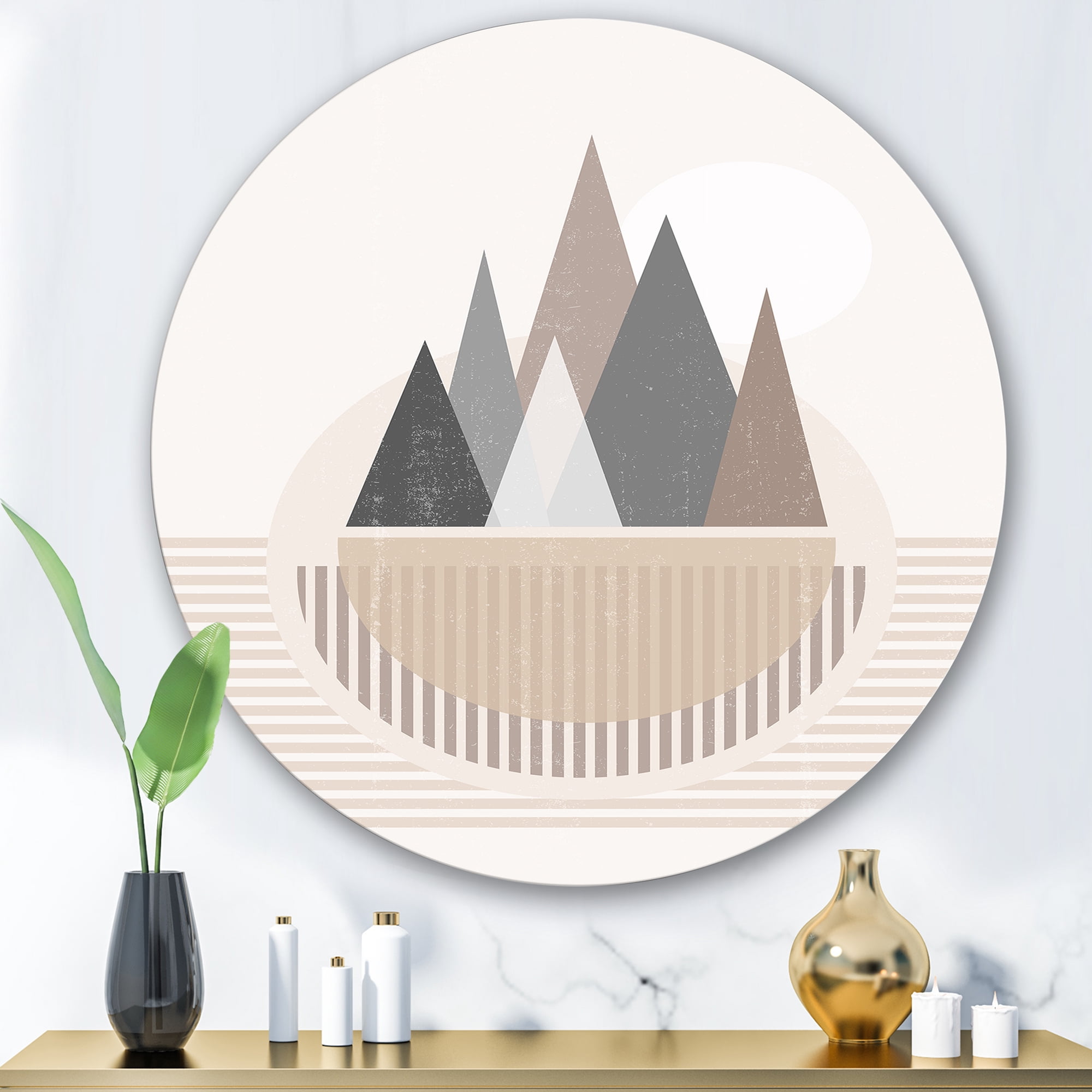 Designart 'Abstract Moon and Sun In Mountains III' Modern Circle Metal Wall Art 36x36 - Disc of 36