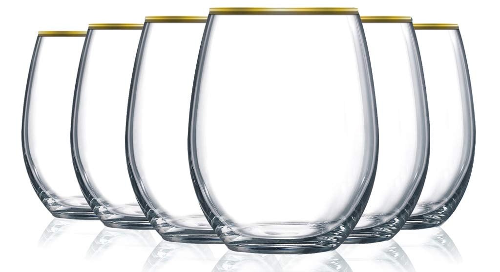 Gold Banded Rim Stemless 21 oz Wine Glasses Set of 6 by TableTop King