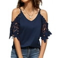 thumbnail image 2 of Birdeem Womens Summer V Neck Cold Shoulder Tops T Shirts Cut Out Lace Short Sleeve Solid Color Blouses Shirt, 2 of 9