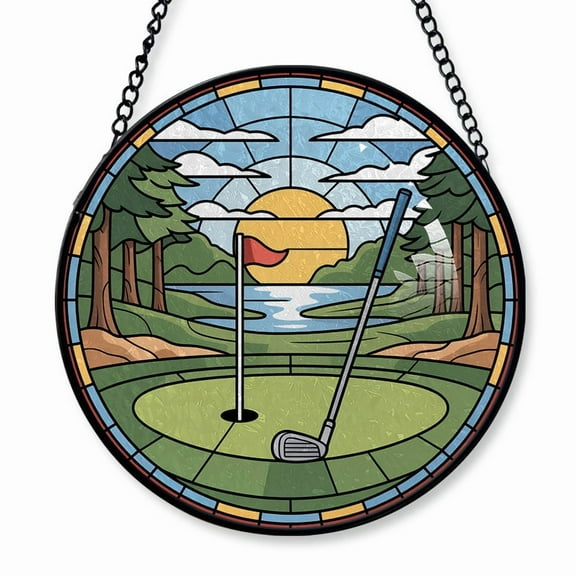 A Golf Scene with Club Stained Glass Suncatcher Window Hanging – Customizable Window Hanging for Loved Ones, Family or Friends, Christmas 2025 Holiday Tree Decoration
